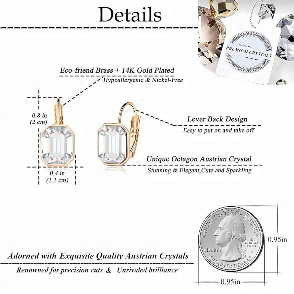 Austrian Crystal Octagon Leverback Drop Earrings for Women 14K Rose Gold Plated - Picture 4 of 7